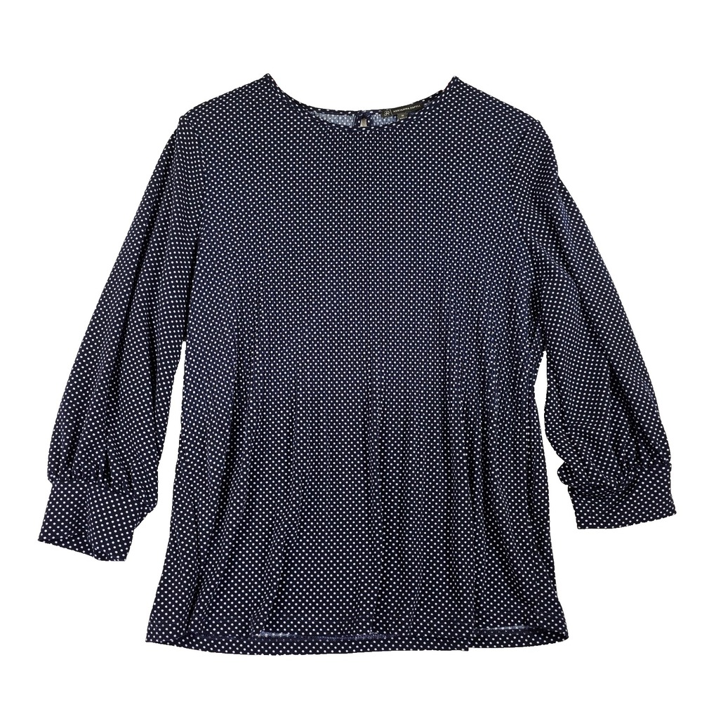 Adrianna Papell Top Women's Balloon Sleeve Polka Dot Medium Navy Blue Stretch